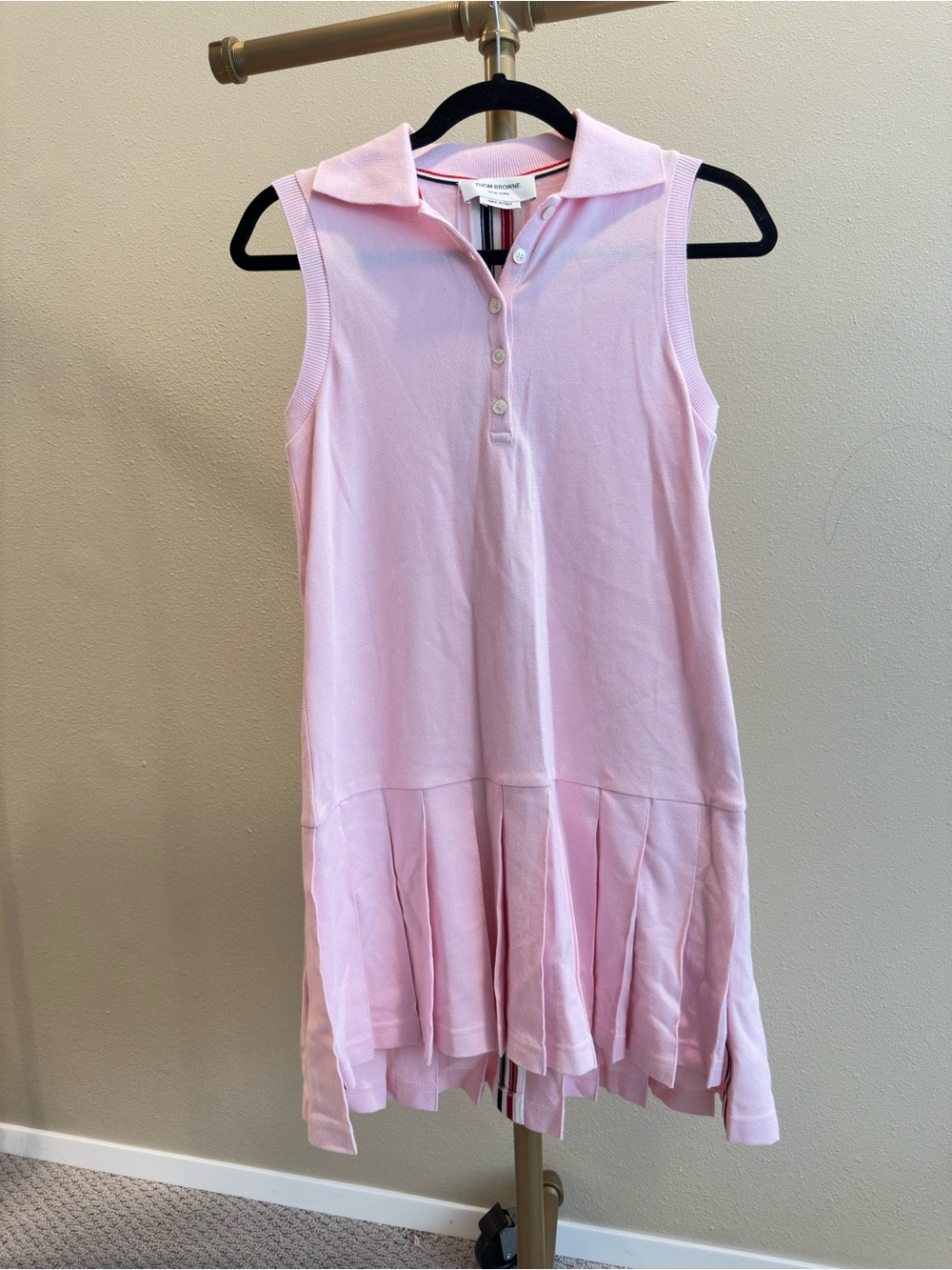 Thom Browne Light Pink Sleeveless Polo Dress with Signature Stripe